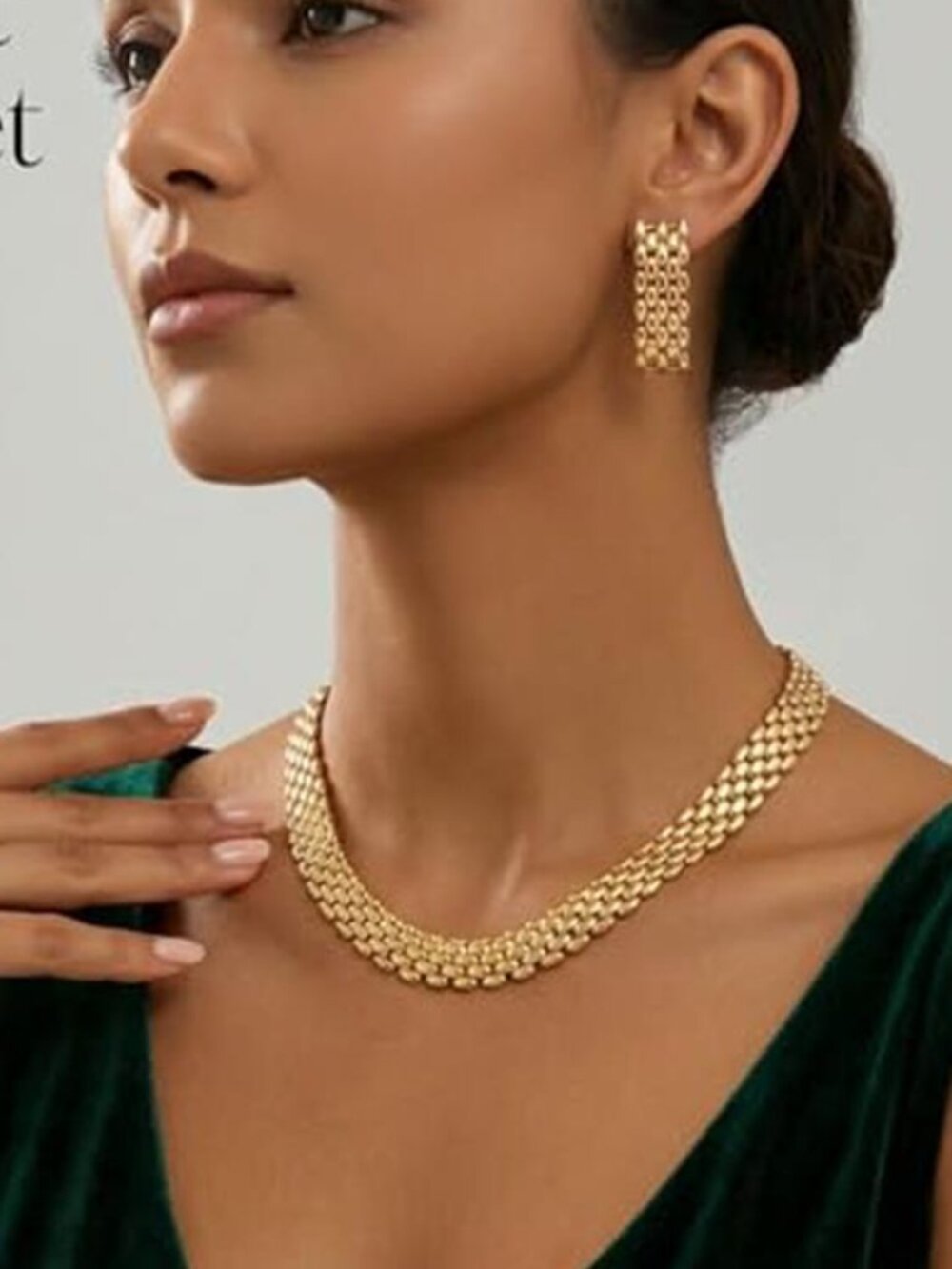 14K Gold Plated Chunky Jewelry Set Necklace Bracelet Earrings 3 Piece Women - Picture 1 of 5